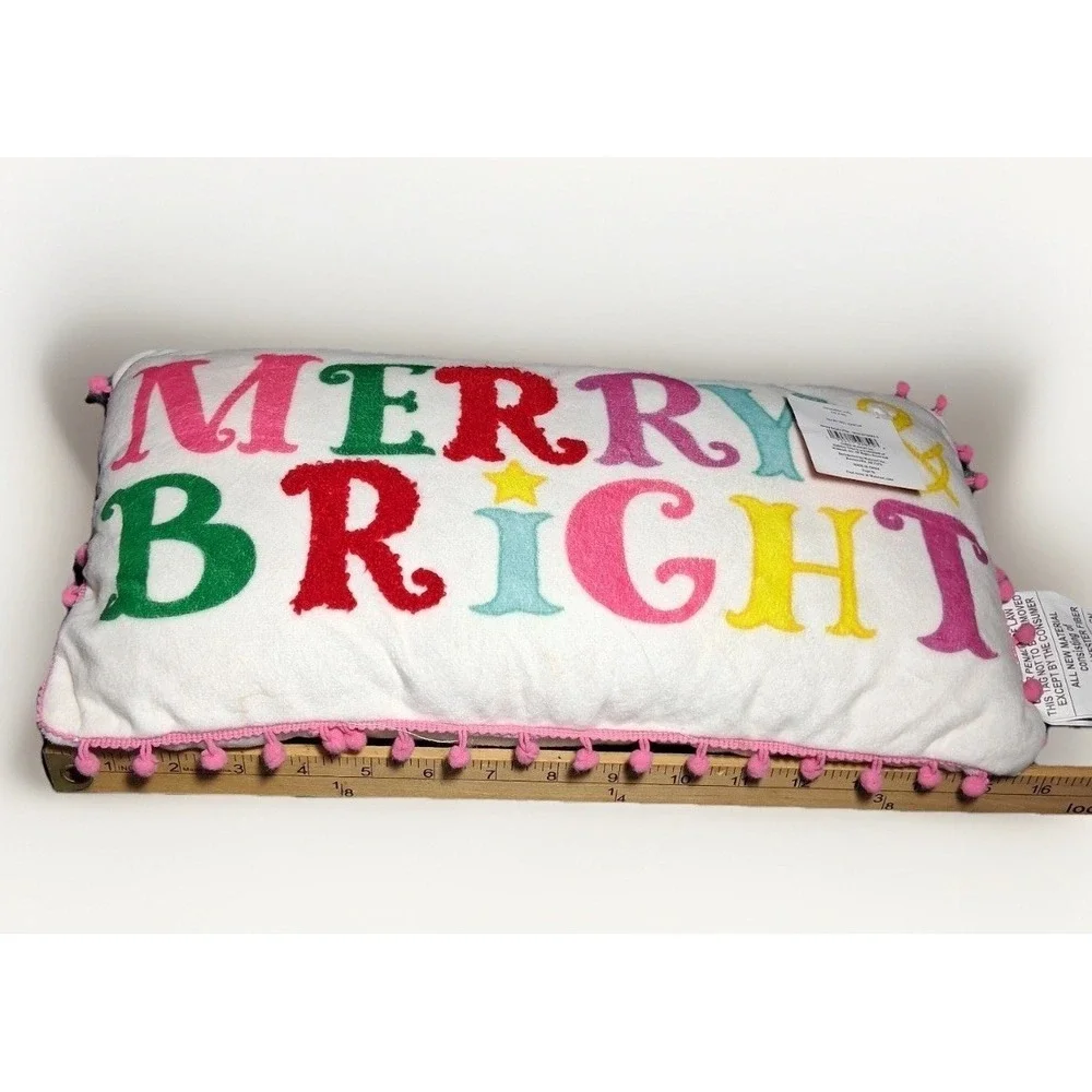 Holiday Time Merry Bright Christmas Lumbar Pillow Pink Pom Pom Trim 16x9